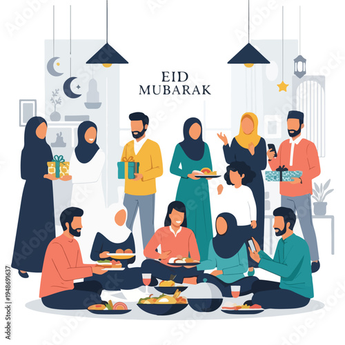 Illustration of a gathering with people celebrating an occasion, sharing gifts