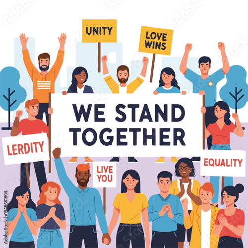 Illustration of a diverse group protesting together for equality and unity