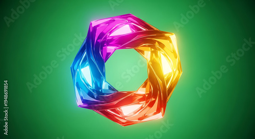 Colorful 3 D geometric crystal ring on green background