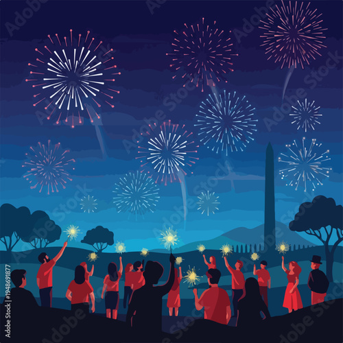 Slika na platnu Illustration of people watching a fireworks display at night