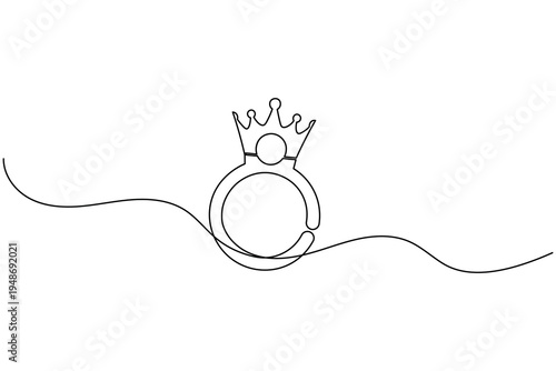 Queen Crown Wedding Ring Continuous Line Drawing Minimalist Royal Engagement Ring Outline Vector