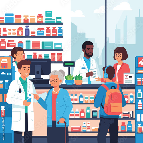 Illustration of a pharmacy scene with diverse customers and staff