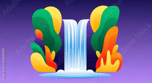 Colorful abstract waterfall with flowing water and vibrant foliage