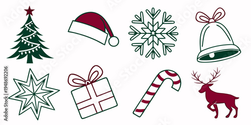 christmas icons including tree, hat, snowflake, bell, gift, candy cane, and reindeer Vector