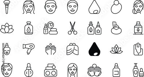 Beauty and spa skincare line icons set featuring face mask cosmetic bottles and wellness symbols