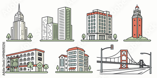 a collection of buildings and bridges Vector