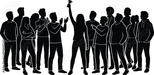Crowd of people celebrating a victory with a woman holding a trophy high, teammates clapping and cheering, isolated vector silhouettes.