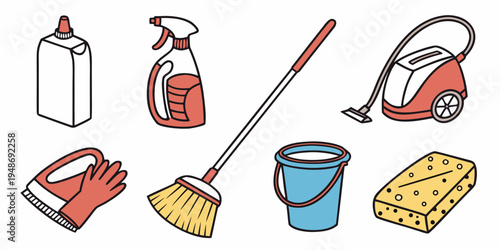 a collection of cleaning supplies and tools Vector