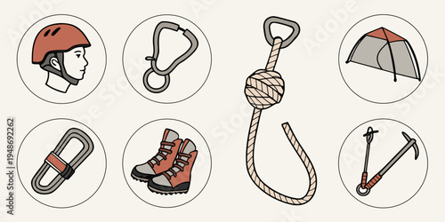 climbing gear icons including helmet and rope Vector
