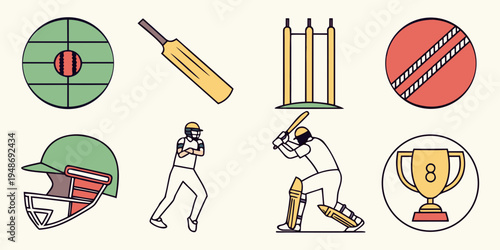 cricket icons including ball bat wickets and helmet Vector