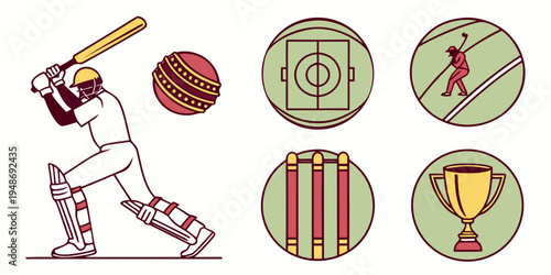 cricket player with ball and icons Vector