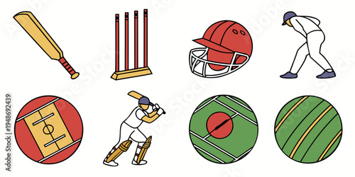 Cricket equipment and players in action Vector