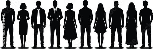Diverse collection of professional men and women silhouettes in business and casual attire, standing in a row, isolated background.