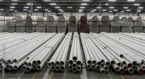 Warehouse storage of numerous metal pipes industrial production and supply.