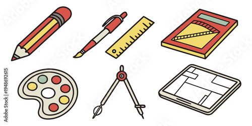 a collection of school supplies and art tools Vector
