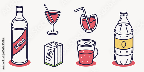 a collection of vodka and mixer drinks and glasses Vector