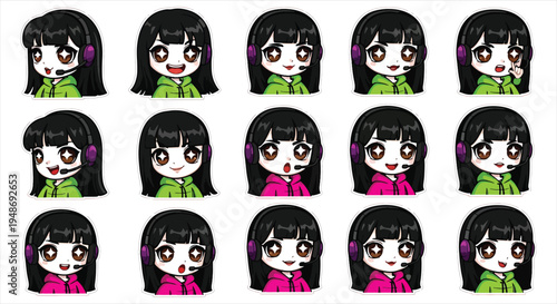 Cute Gamer Girl Character Emote Sticker Set, Cartoon Gaming Avatar Emoji Pack, Streaming Reaction Icons for Twitch Discord Vector