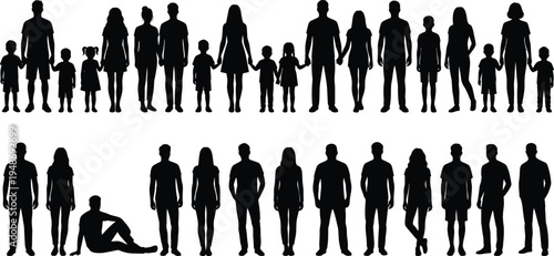 Large collection of black people silhouettes including families holding hands, parents with children, diverse standing men, women, and sitting man, isolated on white background.