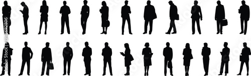 Large collection of professional business people silhouettes standing and walking with bags and phones, isolated on a white background vector.