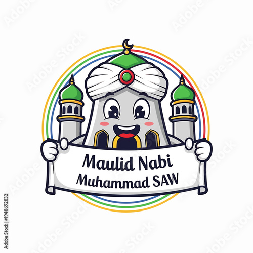 Maulid Nabi Muhammad SAW Cartoon Mosque Character with Banner