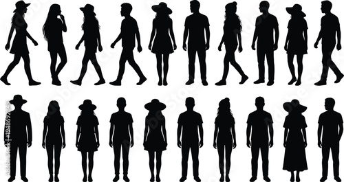 Large collection of men and women silhouettes wearing summer hats, walking and standing in various poses, isolated on white background.