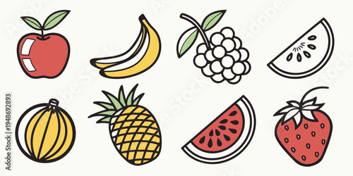 a collection of fruit icons in cartoon style Vector