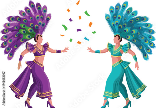 Two Samba Dancers in Purple and Teal Costumes with Large Peacock Feather Headdresses, Brazilian Carnival Parade Performance Vector, Festive Celebration Elements