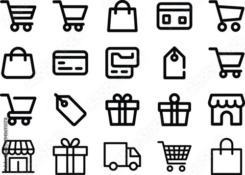 Retail shopping and store line icons set featuring carts bags gift boxes and shop front symbols