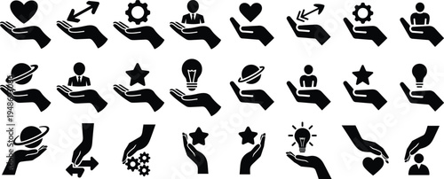 Hand gesture conceptual solid icons set holding heart lightbulb gear and star symbols