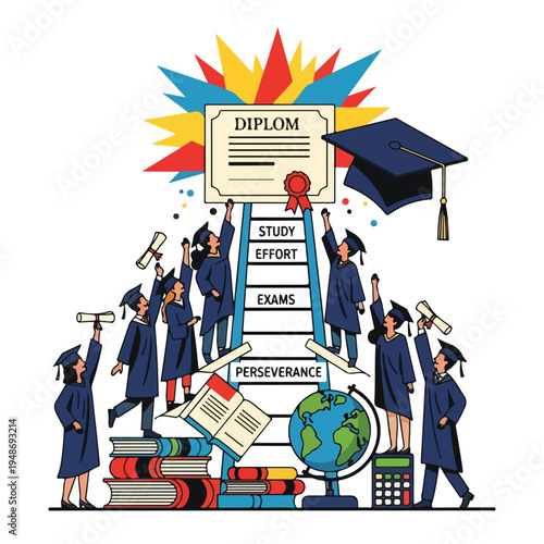 Illustration of students celebrating graduation with a diploma and books