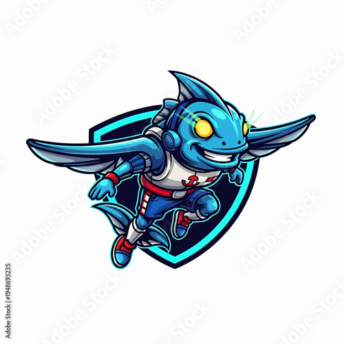Cartoon Blue Shark Mascot in Action with Shield