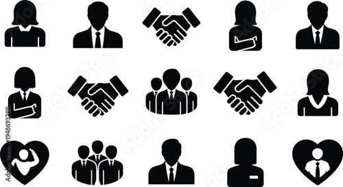 Business people and handshake solid icons set with professional profiles and collaboration symbols