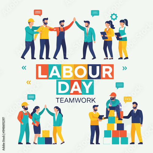 Illustration of teamwork, celebrating Labour Day. People are depicted together