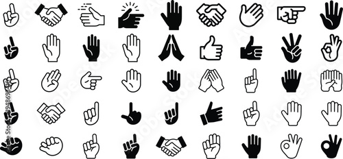 Hand Gesture Icon Set with Handshake, Thumbs Up, Pointing Finger and Communication Symbols