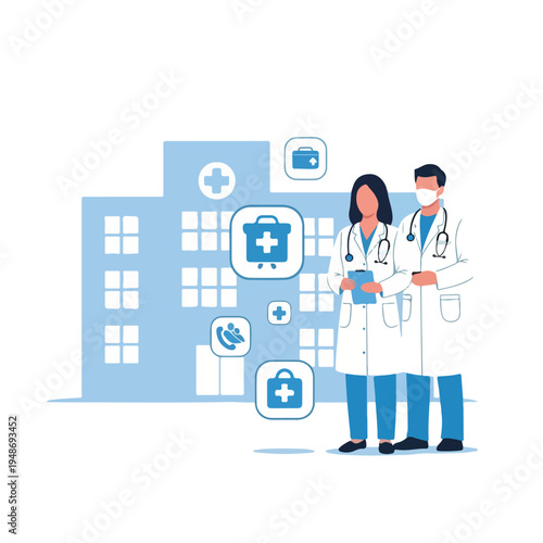Illustration of two doctors in white coats in front of a hospital