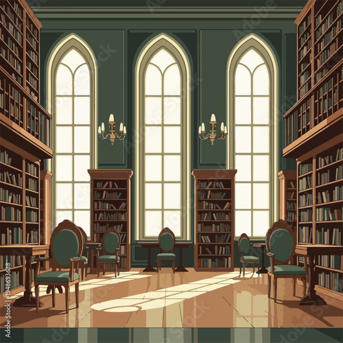 Pixel art depicting a classic library with large windows and bookshelves