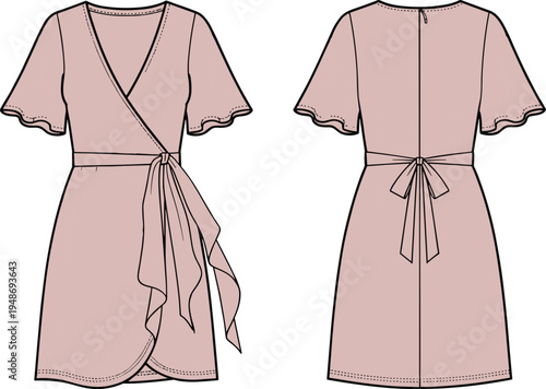 Technical fashion illustration of women’s wrap dress with flutter sleeves, V-neckline, tie waist closure, draped front hem, and back seam design for garment construction