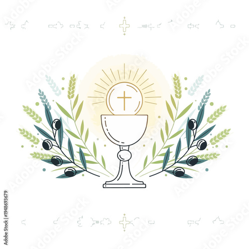 Religious symbol surrounded by greenery, wheat, and circular halo