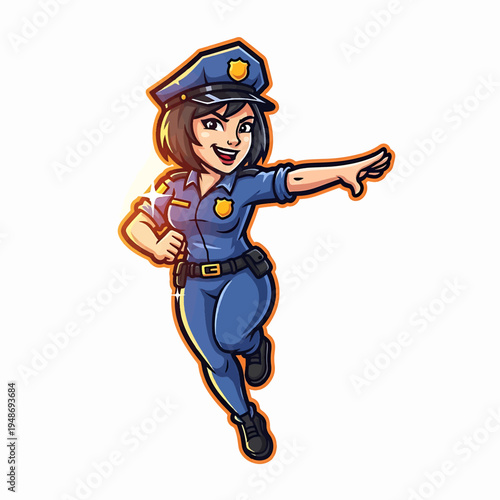 Cartoon Police Officer Woman in Dynamic Action Pose