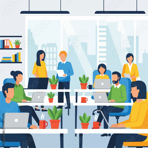 Modern office scene with employees working on laptops, plants, and coffee