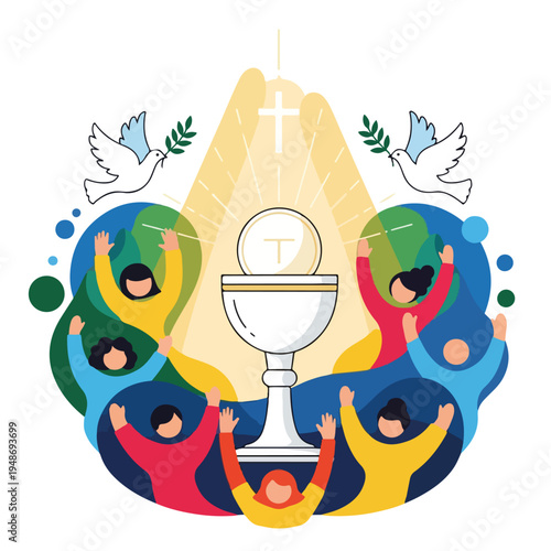 Illustration of a religious celebration, people and symbols in an embrace