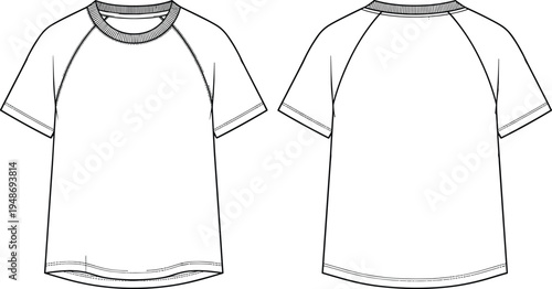 Technical flat sketch illustration of short-sleeved raglan t-shirt with ribbed crew neckline, seam details, and curved hemline, fashion design artwork concept for apparel manufacturing projects