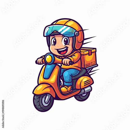 Happy rider on orange delivery scooter with helmet and backpack