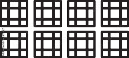 Eight black window frames with nine panes each arranged in two rows Vector