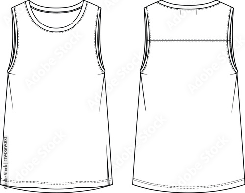Technical flat sketch illustration of sleeveless tank top showing front and back views with stitching details, neckline, armholes, hemline, and garment construction design