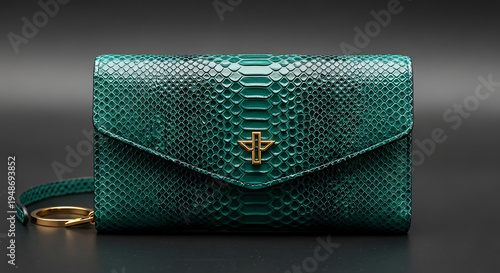 Elegant green snakeskin clutch bag with gold clasp and strap.