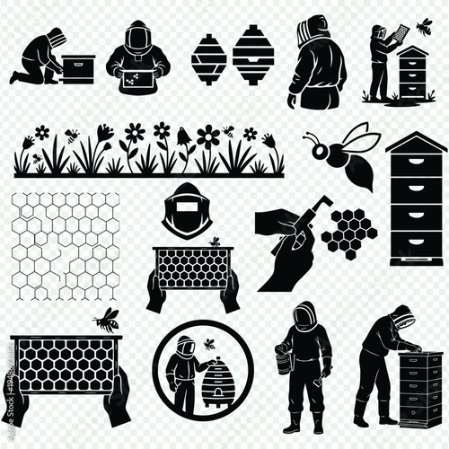 Beekeeper With Honeycomb Frame Honey Farmer Holding Frame Silhouette Bundle