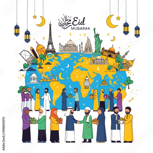 Illustration of a religious celebration, people giving gifts, and world landmarks