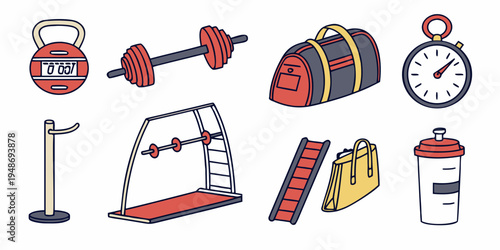 a collection of fitness equipment and accessories Vector