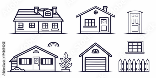 a set of house and garage icons with fence and window Vector